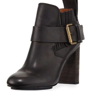 See by Chloe Ankle Boot Cappa Leather Boho Heeled Black Buckle Pull On Sz 6